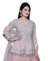 Dusty Pink Embroidered Party Wear Lengha With Peplum Shirt